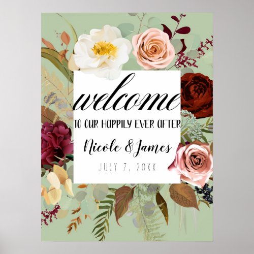 Rustic Green Country Floral Bloom Wedding Welcome Poster