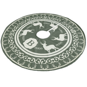 Rustic Green Deer Antlers and Bucks   Monogram Fleece Tree Skirt
