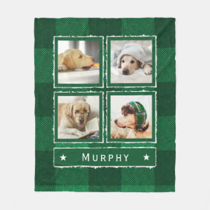 Rustic Green Denim Buffalo Plaid 4 Photo Dog Large Fleece Blanket