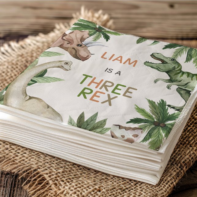 Rustic Green Dinosaur Three Rex 3rd Birthday  Napkins (Three Rex Birthday Party Paper Napkin, Boys Dinosaur 3rd Birthday Paper Napkin, Dino 3rd Birthday)