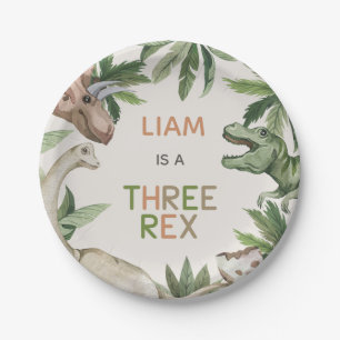 Rustic Green Dinosaur Three Rex 3rd Birthday Paper Plates