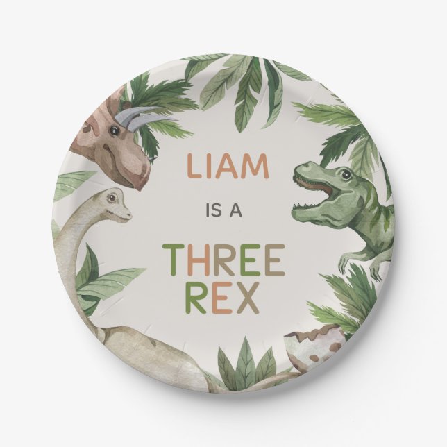 Rustic Green Dinosaur Three Rex 3rd Birthday  Paper Plates (Front)