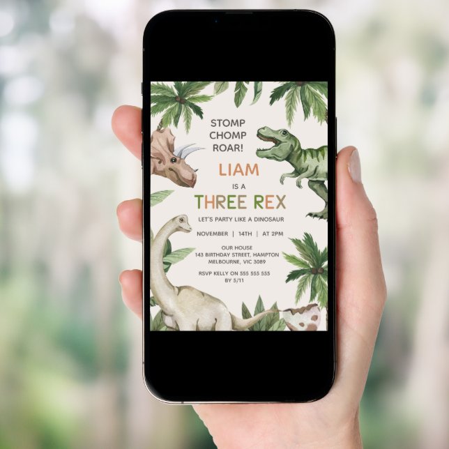 Rustic Green Dinosaur Three Rex Birthday Invitation (Front Digital)