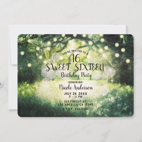 Rustic Green Enchanted Forest Lights Sweet 16  Invitation