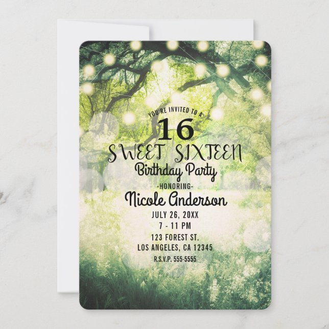 Rustic Green Enchanted Forest Lights Sweet 16   Invitation (Front)