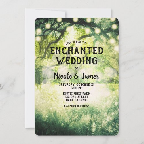 Rustic Green Enchanted Forest Lights Wedding   Invitation