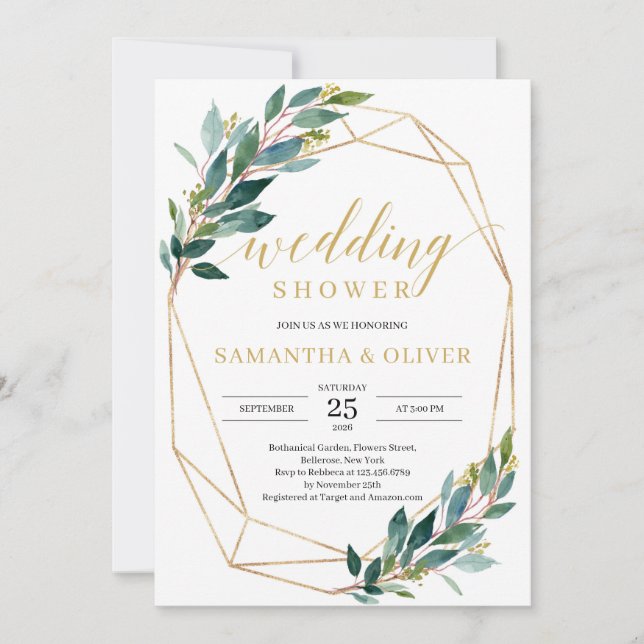 Rustic green eucaluptus gold frame wedding shower invitation (Front)