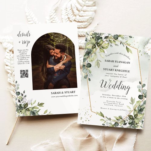 Rustic Green Eucalyptus Arch Photo QR Code Wedding Invitation