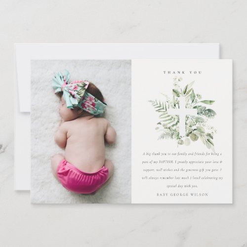 Rustic Green Eucalyptus Fauna Cross Photo Baptism Thank You Card