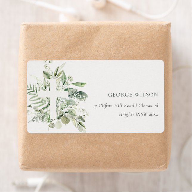 Rustic Green Eucalyptus Fern Foliage Cross Address Label (Insitu)