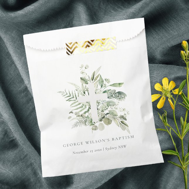 Rustic Green Eucalyptus Fern Foliage Cross Baptism Favor Bag (Creator Uploaded)