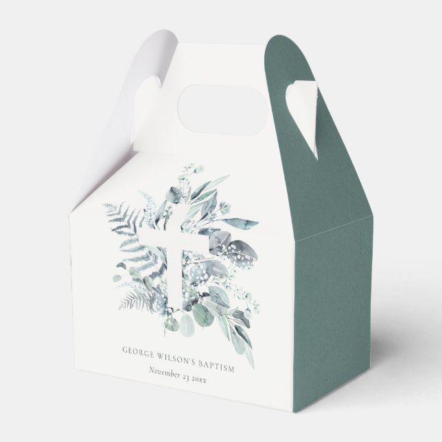 Rustic Green Eucalyptus Fern Foliage Cross Baptism Favor Boxes (Front Side)