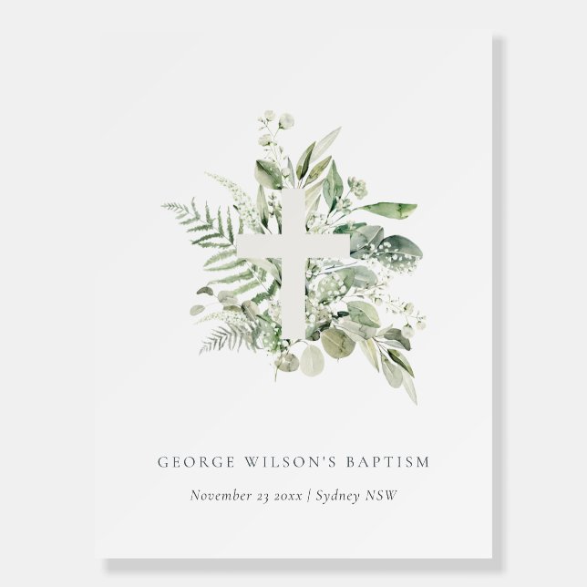 Rustic Green Eucalyptus Fern Foliage Cross Baptism Foam Board (Front)