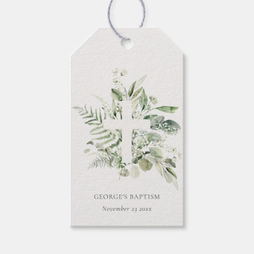 Rustic Green Eucalyptus Fern Foliage Cross Baptism Gift Tags