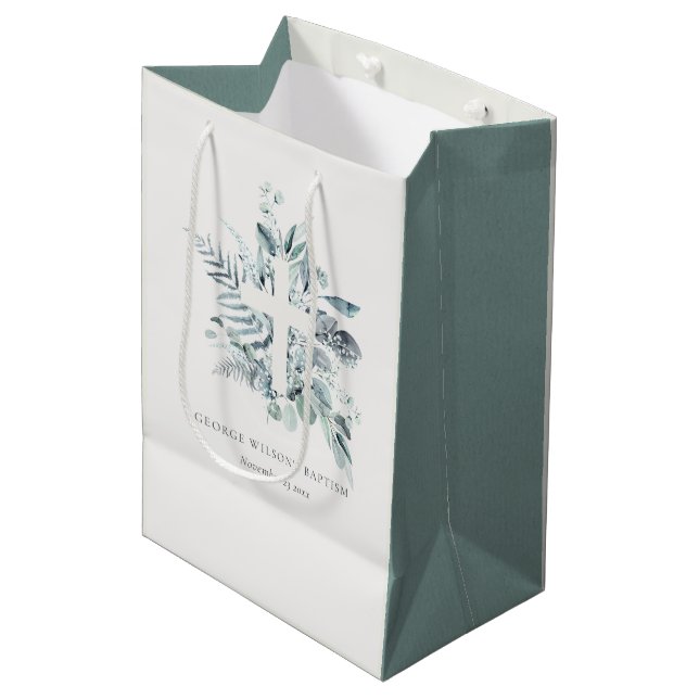 Rustic Green Eucalyptus Fern Foliage Cross Baptism Medium Gift Bag (Front Angled)