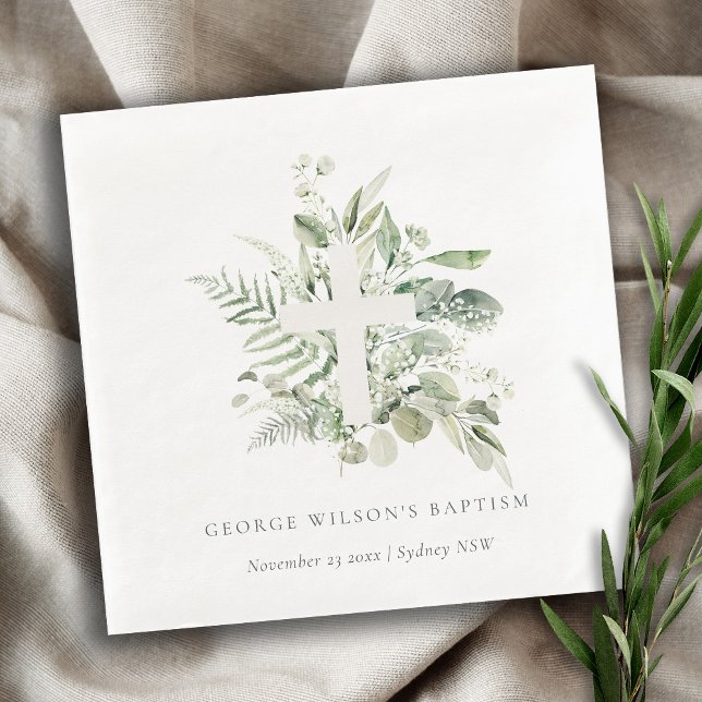 Rustic Green Eucalyptus Fern Foliage Cross Baptism Napkins (Creator Uploaded)