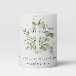 Rustic Green Eucalyptus Fern Foliage Cross Baptism Pillar Candle