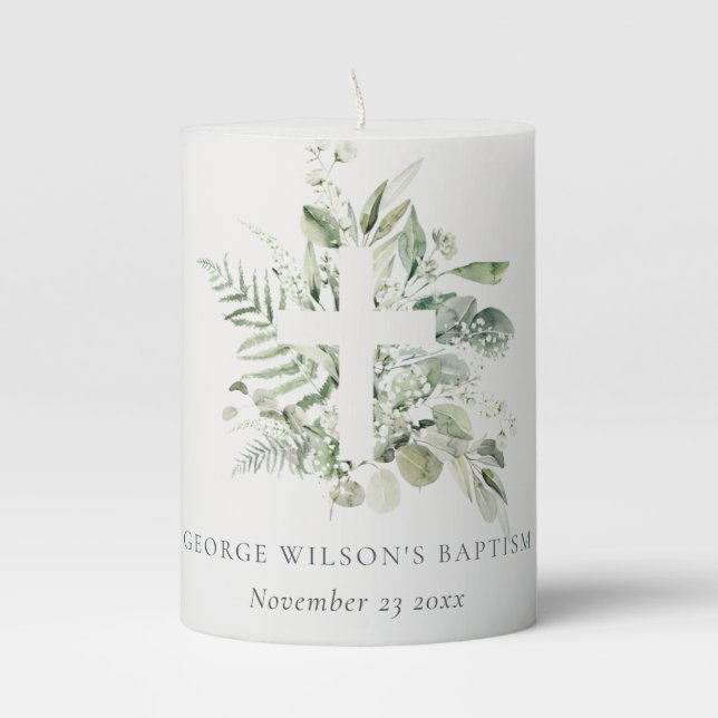 Rustic Green Eucalyptus Fern Foliage Cross Baptism Pillar Candle (Front)