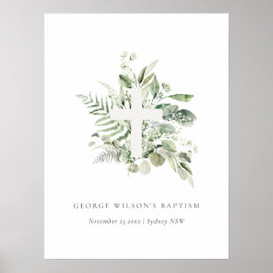 Rustic Green Eucalyptus Fern Foliage Cross Baptism Poster