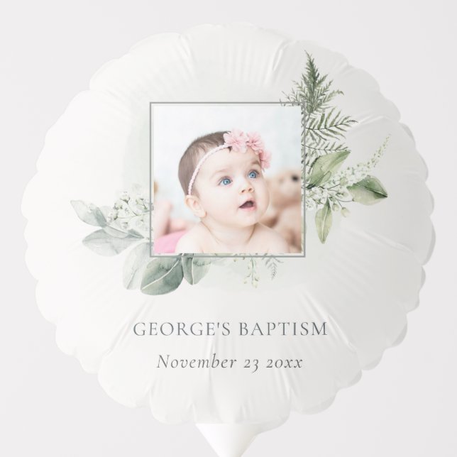 Rustic Green Eucalyptus Fern Foliage Photo Baptism Balloon (Front)