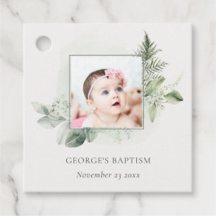 Rustic Green Eucalyptus Fern Foliage Photo Baptism Favor Tags
