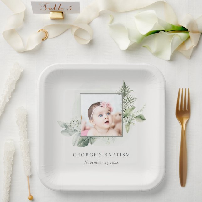 Rustic Green Eucalyptus Fern Foliage Photo Baptism Paper Plates (Wedding)