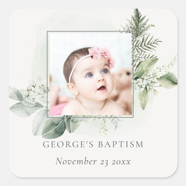 Rustic Green Eucalyptus Fern Foliage Photo Baptism Square Sticker (Front)