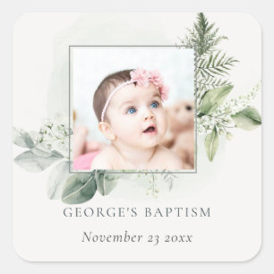 Rustic Green Eucalyptus Fern Foliage Photo Baptism Square Sticker