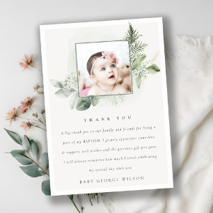 Rustic Green Eucalyptus Fern Foliage Photo Baptism Thank You Card