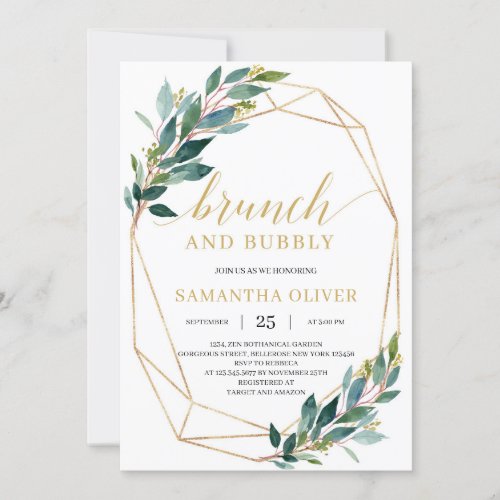 Rustic Green eucalyptus leaves brinch and bubbly Invitation