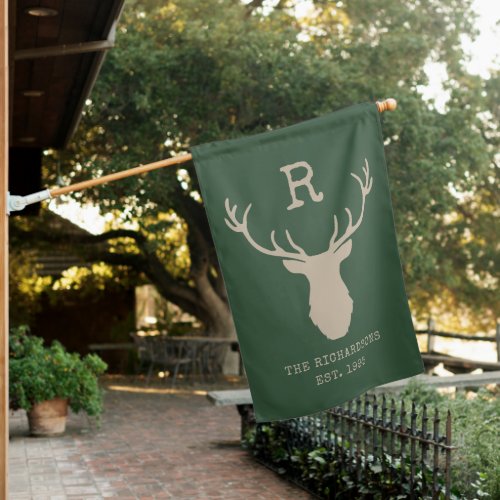 Rustic Green Family Monogram Deer Antlers Cabin  House Flag