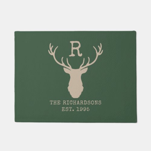 Rustic Green Family Monogram Deer Antlers  Doormat