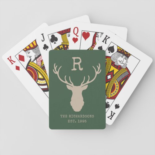 Rustic Green Family Monogram Deer Antlers Poker Cards