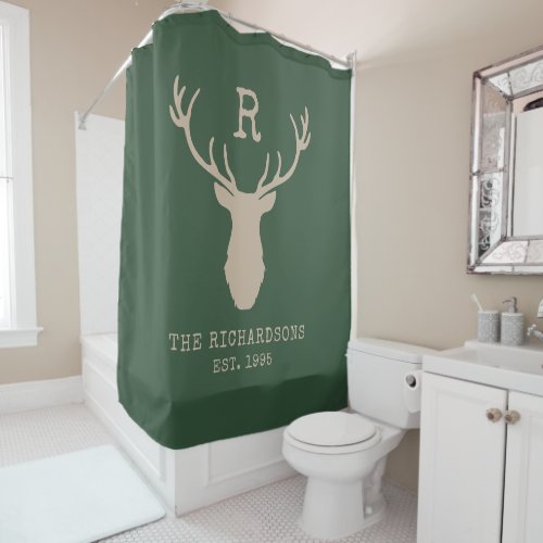 Rustic Green Family Name Deer Antlers Monogram Sho Shower Curtain