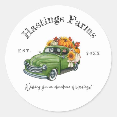 Rustic Green Farm Truck Thanksgiving Harvest Class Classic Round Sticker