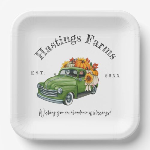 Rustic Green Farm Truck Thanksgiving Harvest Paper Paper Plates