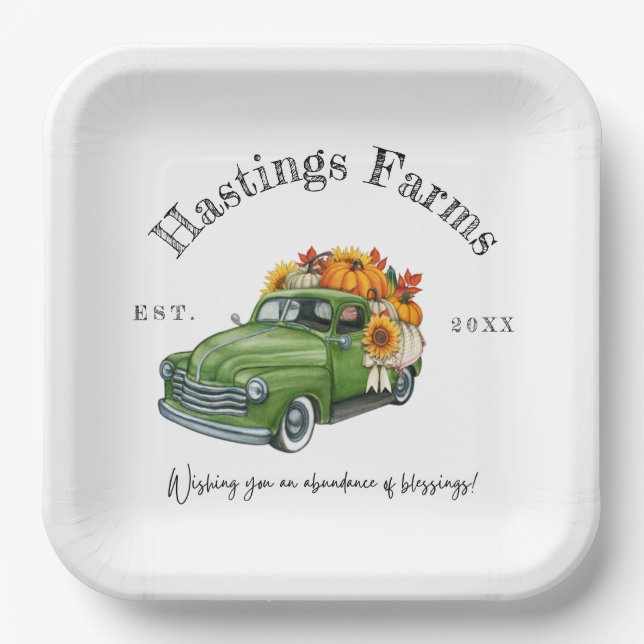 Rustic Green Farm Truck Thanksgiving Harvest Paper Plates (Front)