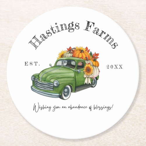 Rustic Green Farm Truck Thanksgiving Harvest Round Paper Coaster