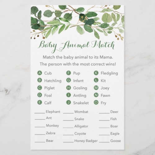 Rustic Green Floral Baby Shower Animal Match Game