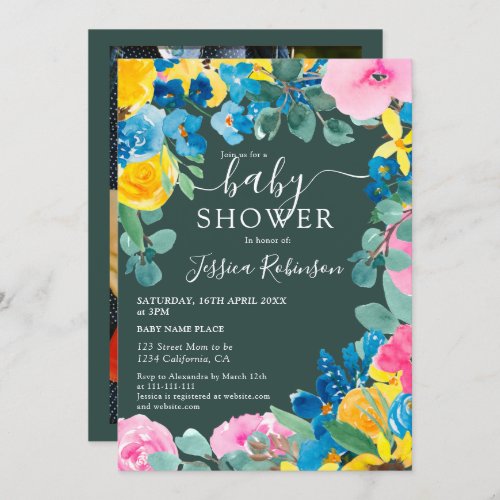 Rustic green floral photo baby shower invitation