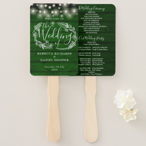 Rustic Green Floral String Lights Wedding Program Hand Fan