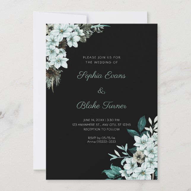 Rustic Green Flowers Boho Black Wedding Invitation (Front)