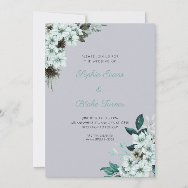 Rustic Green Flowers Boho Cloud Gray Wedding Invitation (Front)