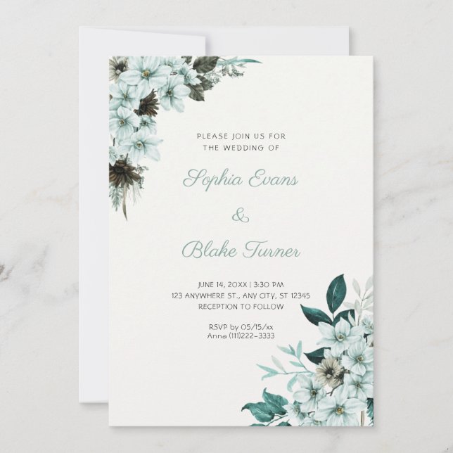 Rustic Green Flowers Boho Off White Wedding Invitation (Front)