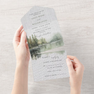 Rustic green forest All in One Wedding Invite