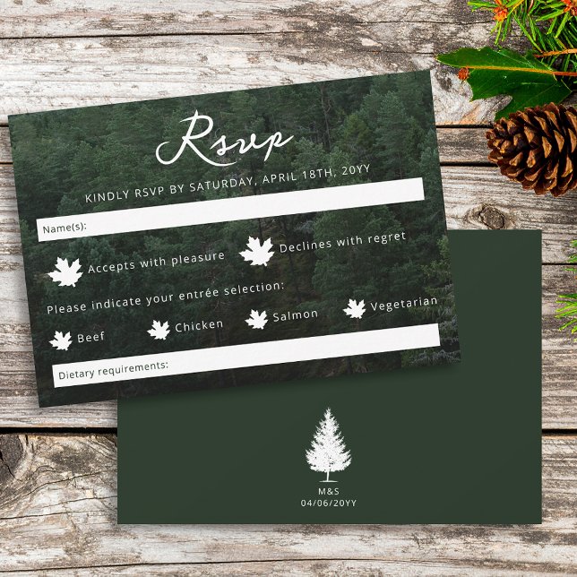 Rustic Green Forest Photo Background Wedding RSVP Card (Creator Uploaded)