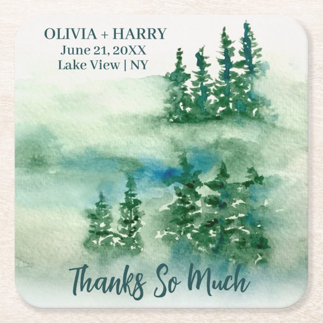 Rustic Green Forest Pine Trees Square Paper Coaster (Front)