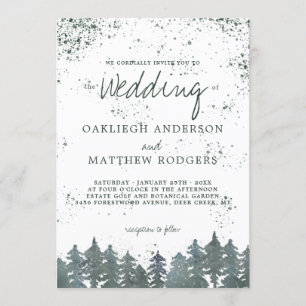 Rustic Green Forest Snowy Winter Wedding Invitation