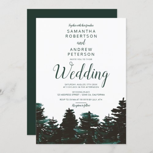 Rustic green forest watercolor pine trees wedding invitation