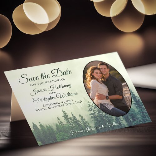 Rustic Green Forest with Oval Photo Wedding Save The Date